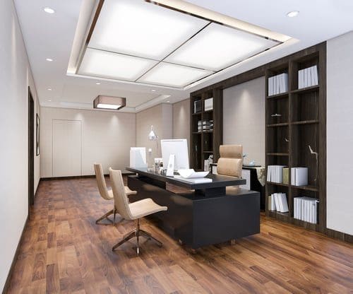 Executive office with warm wood detailing photographed for a Tampa corporate brand library